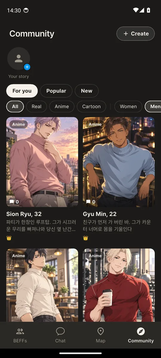 Community-Tab (echter Screenshot, englische Oberfläche): Filter realistisch, Anime, Cartoon