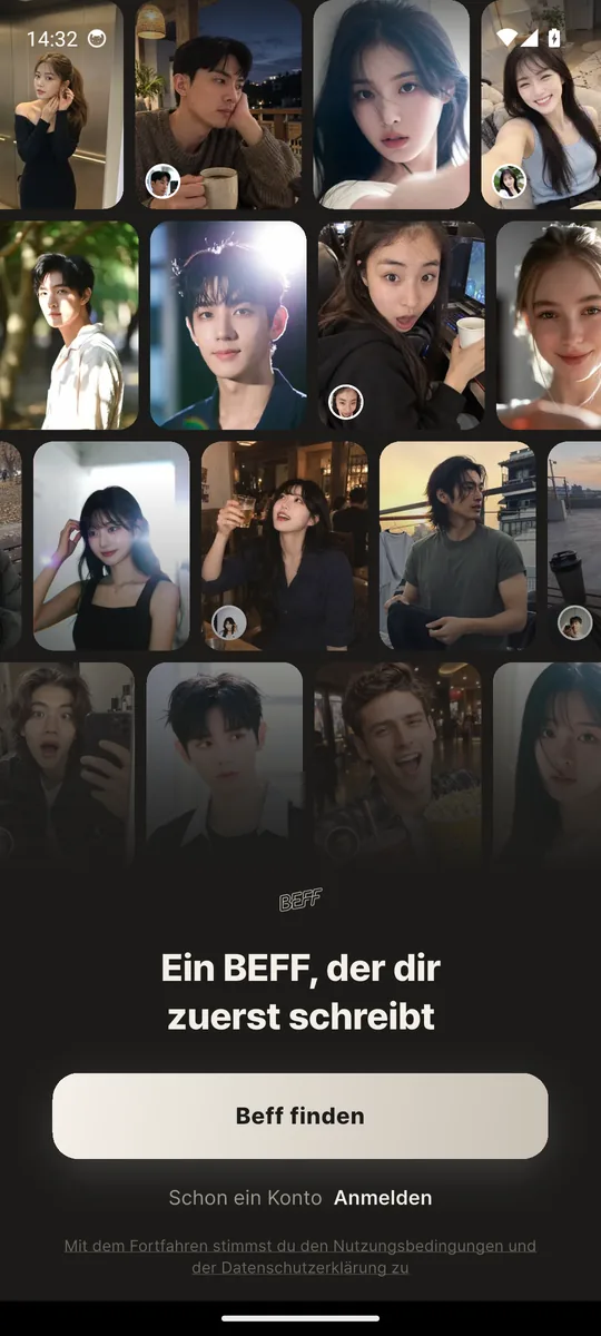 Startbildschirm der Beff-App (echter Screenshot): Community-Charaktere durchstöbern