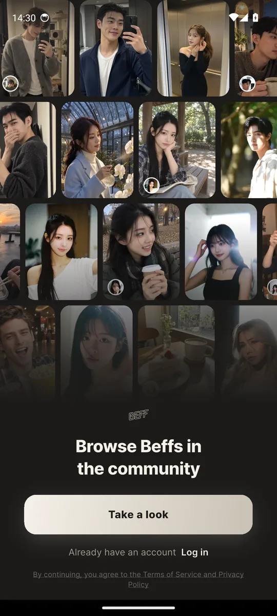 The Beff app's first screen (real screenshot): browse community characters