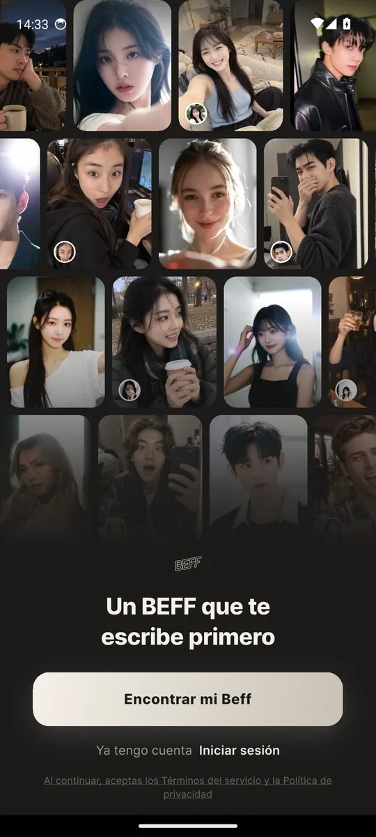 Pantalla de inicio de la app Beff (captura real): explorar personajes de la comunidad