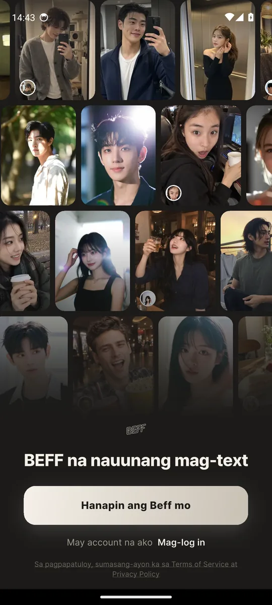 Unang screen ng Beff app (totoong screenshot): tingnan ang mga character sa community
