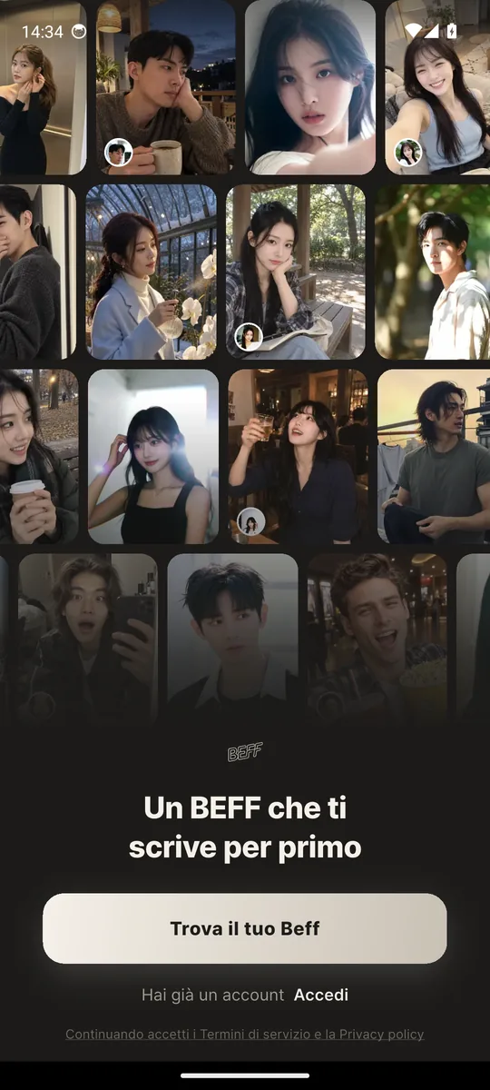 Schermata iniziale dell'app Beff (screenshot reale): sfoglia i personaggi della community