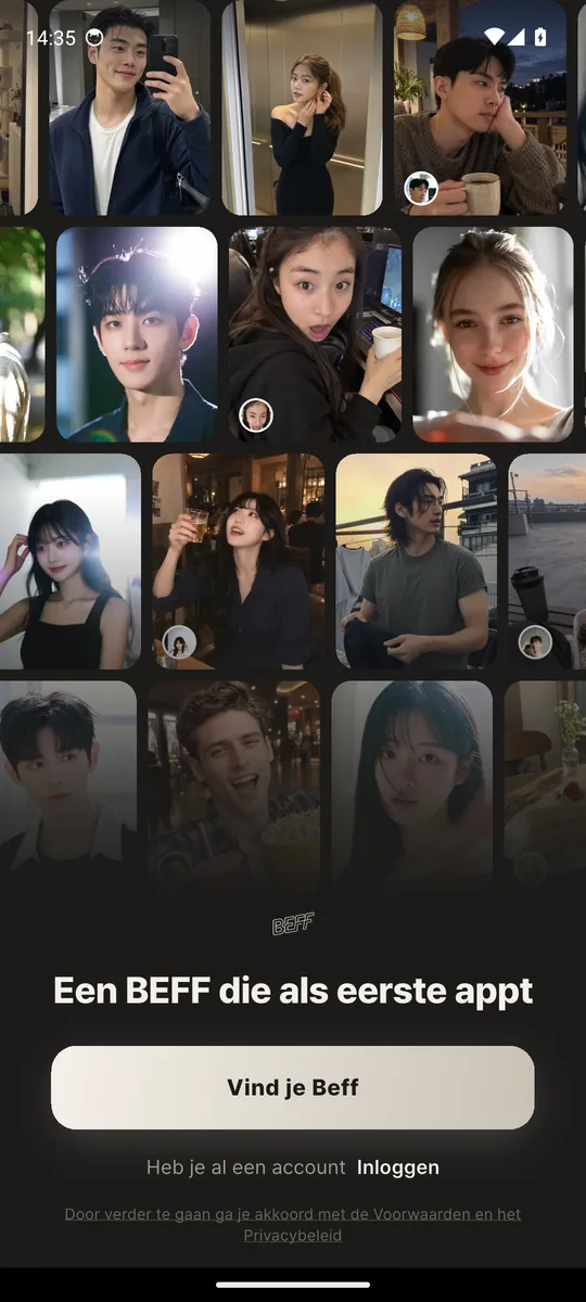 Startscherm van de Beff-app (echte screenshot): community-karakters bekijken