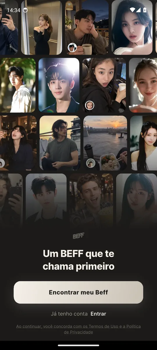 Tela inicial do app Beff (print real): explore os personagens da comunidade